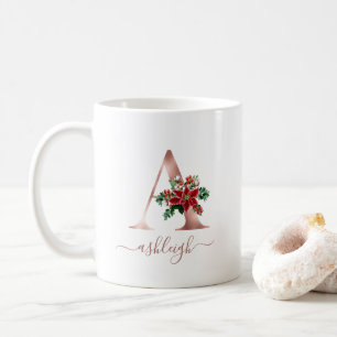 Mug Monogram A Poinsettia en Or Rose Script