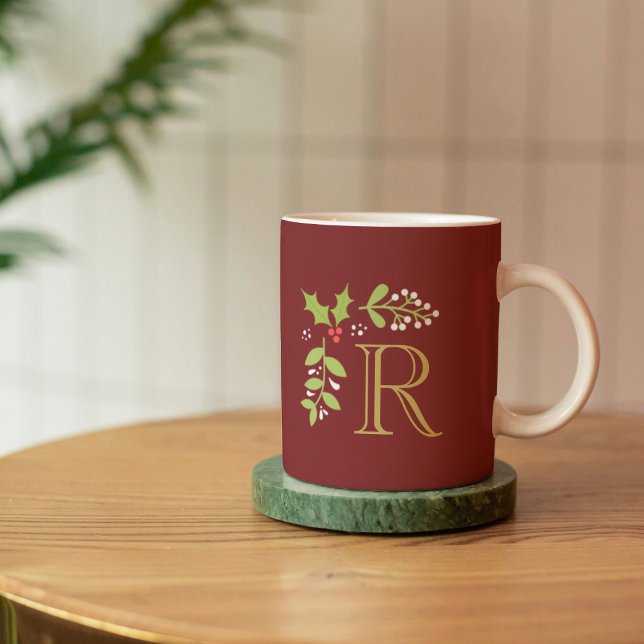 Mug Monogram Christmas Holly & Mistletoe Red (Créateur téléchargé)