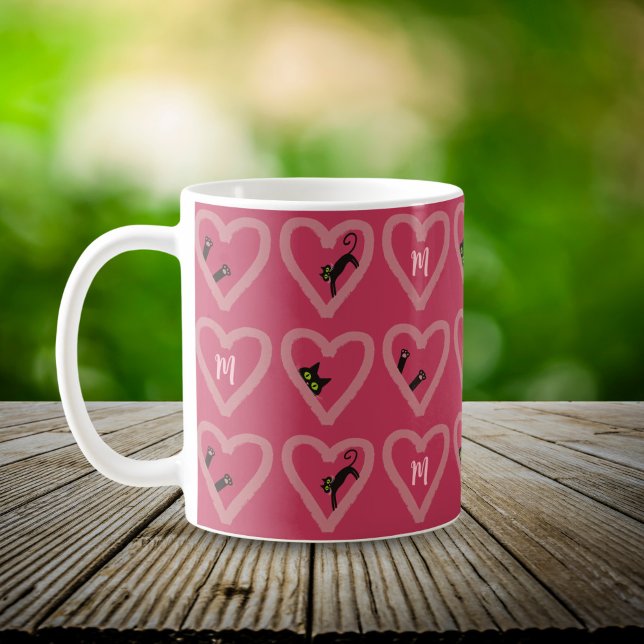 Mug Monogram Cute Black Chat Coeurs Valentines Day Cof (Créateur téléchargé)