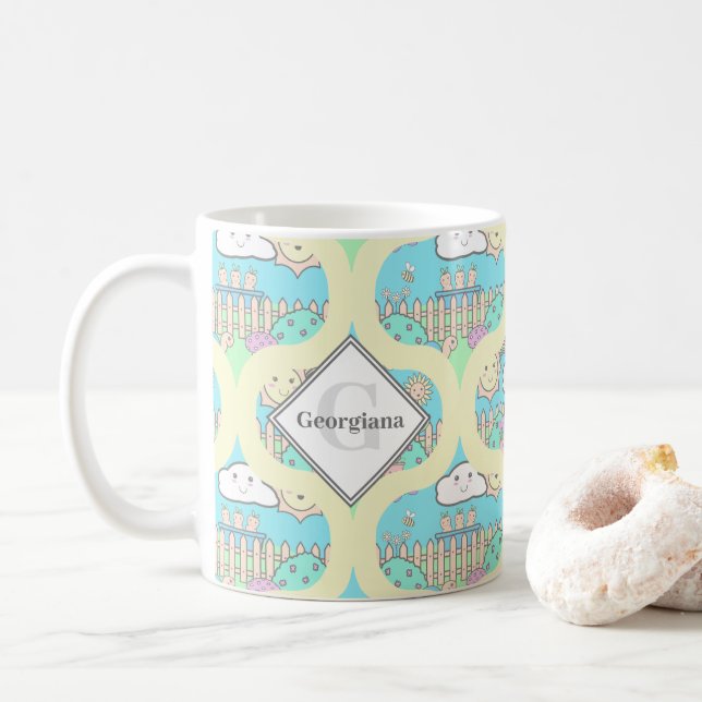 Mug Monogram Cute Pastel Kawaii Garden Retro Ogee (Avec donut)