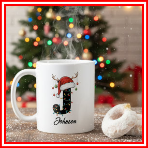Mug Monogram Famille Noël Bois de Cerf Chapeau de Père
