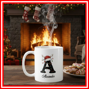 Mug Monogram Famille Noël Bois de Cerf Chapeau de Père