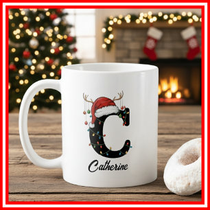 Mug Monogram Famille Noël Bois de Cerf Chapeau de Père