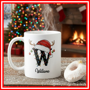 Mug Monogram Famille Noël Bois de Cerf Chapeau de Père
