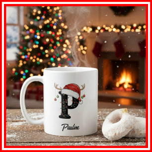 Mug Monogram Famille Noël Bois de Cerf Chapeau de Père