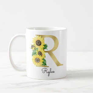 Mug Monogram Gold Sunflower Girly Floral Initial R