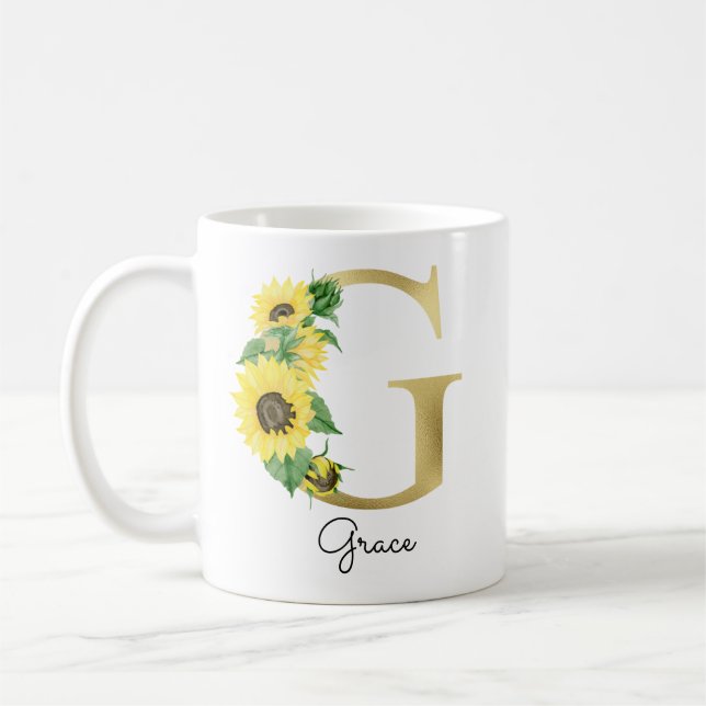 Mug Monogram Or Sunflower Féminin Floral Initial G (Gauche)