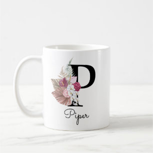 Mug Monogram Pink Boho Girly Floral Initial P