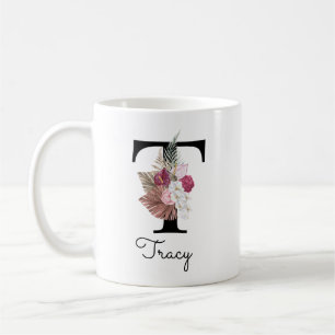 Mug Monogram Pink Boho Girly Floral Initial T