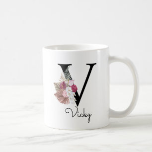 Mug Monogram Pink Boho Girly Floral Initial V