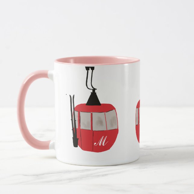 Mug Monogram Retro Red Ski Gondola Lift Personnalisé (Gauche)