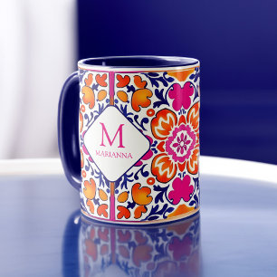 Mug Monogram Rose orange bleu carreaux mexicains