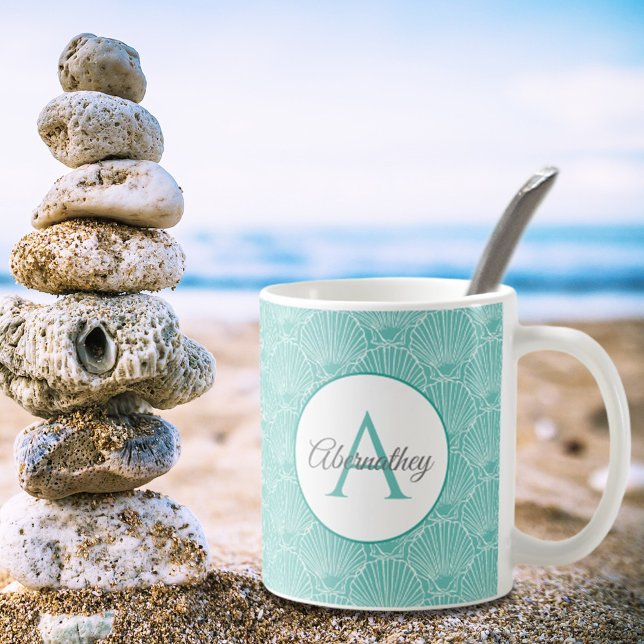 Mug Monogram Sea Shell Skeleton Motif Beach House (A set of these is a nice wedding or housewarming gift with the initial letter monogram and name. )