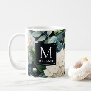 Mug Monogram White Hydrangea Nom personnalisé