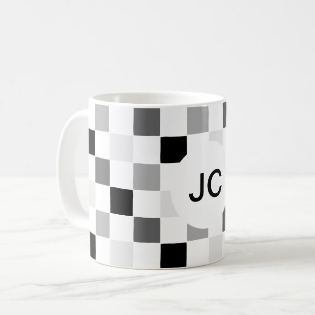 Mug Monogramme à carreaux noir et blanc moderne simple (Devant gauche)