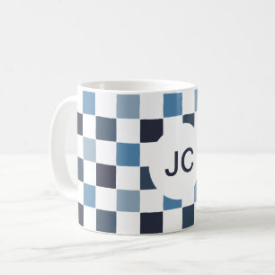 Mug Monogramme À damiers Bleu Blanc Moderne Simple