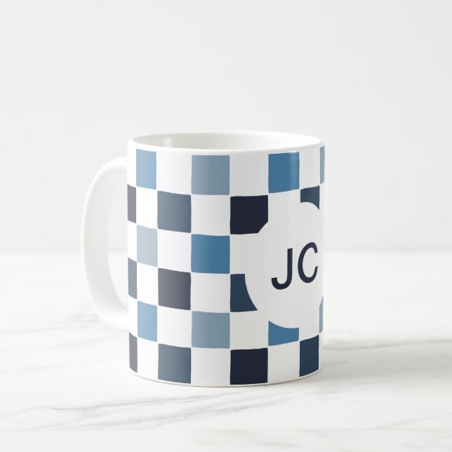 Mug Monogramme À damiers Bleu Blanc Moderne Simple (Devant gauche)