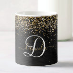 Mug Monogramme à étincelle noire à Parties scintillant<br><div class="desc">Personnalisez facilement ce design élégant et branché de tasse à café avec une jolie parties scintillant dorée brillante sur un arrière - plan métallique brossé noir.</div>