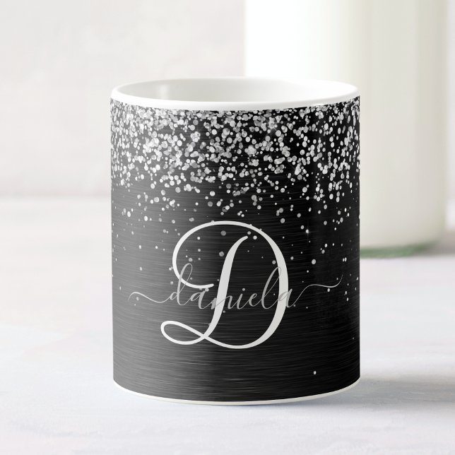 Mug Monogramme à étincelle noire à Parties scintillant (Créateur téléchargé)