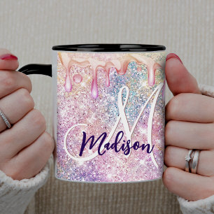 Mug Monogramme à goutte de faux brillant rose licorne