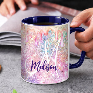 Mug Monogramme à goutte de faux brillant rose licorne 