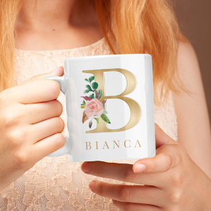Mug Monogramme à lettre B en doré et floral aquarelle