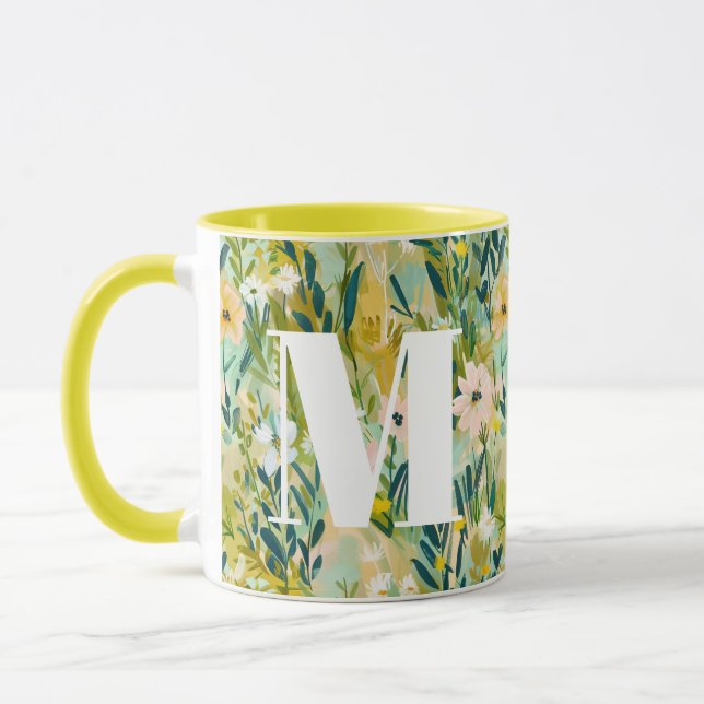 Mug Monogramme à motif de fleurs aquatiques vertes pei (Gauche)