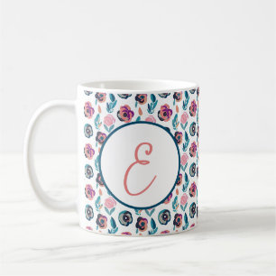 Mug Monogramme à motif floral aquarelle bleu et rose