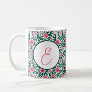 Mug Monogramme à motif floral aquarelle rose et vert