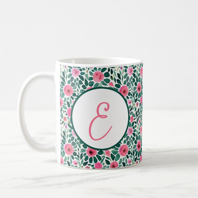 Mug Monogramme à motif floral aquarelle rose et vert (Gauche)