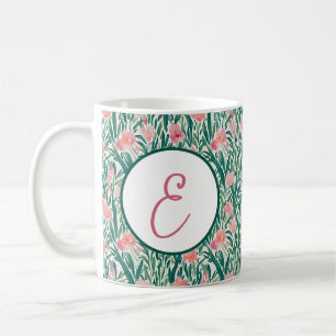Mug Monogramme à motif floral vert et pêche aquarelle