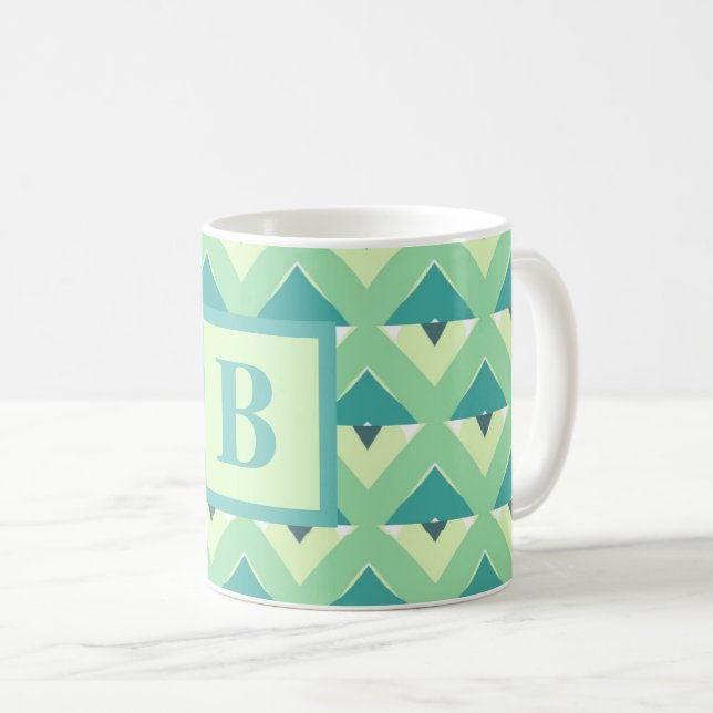 Mug Monogramme à motif géométrique bleu et sarcelle (Devant droit)