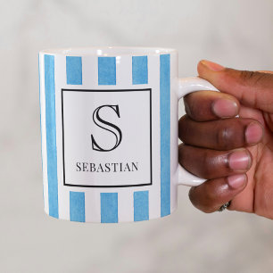 Mug Monogramme à motif rayures aquarelle bleue et blan