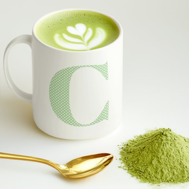 Mug Monogramme à points de polka vert pâle et blanc (Pale Green and White Polka Dot Monogram Coffee Mug)