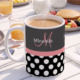 Mug Monogramme à pois noir blanc rose