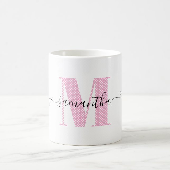 Mug Monogramme à pois rose clair et blanc féminin (Centre)