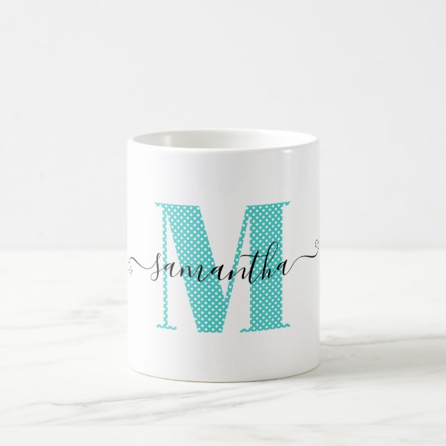 Mug Monogramme à pois turquoise et blanc féminin (Centre)