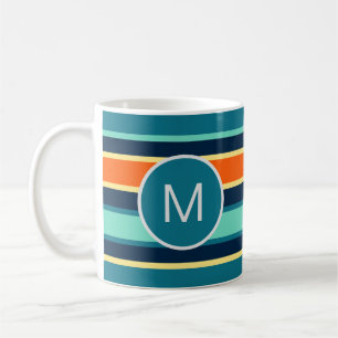 Mug Monogramme à rayures couleur bleu orange rétro