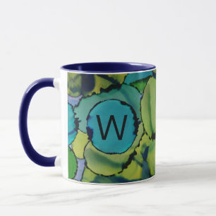 Mug Monogramme Abstrait Aquarelle Vert Bleu Turquo