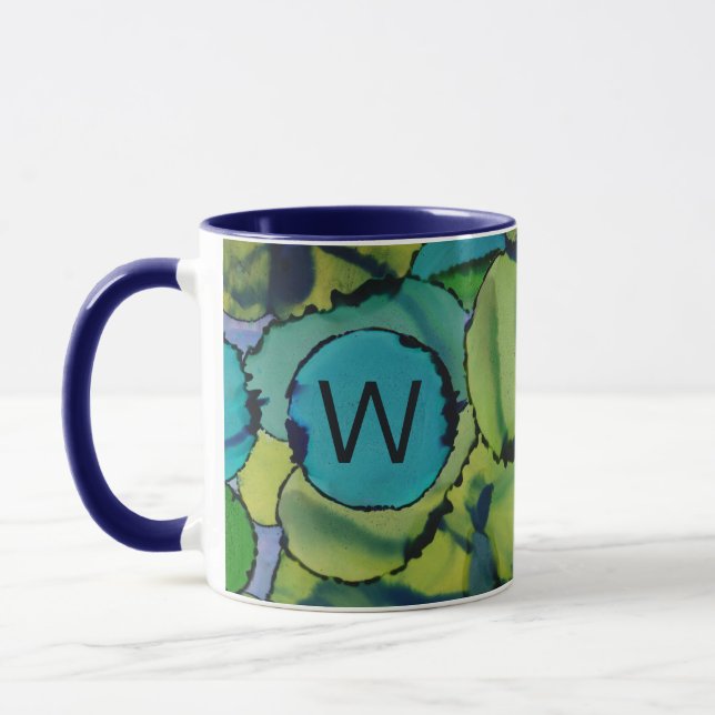 Mug Monogramme Abstrait Aquarelle Vert Bleu Turquo (Gauche)