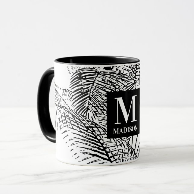 Mug Monogramme Abstrait Feuille noir et blanc Palm Tre (Devant gauche)