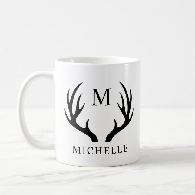 Mug Monogramme Antler Cerf Blanc Et Noir Personnalisab (Gauche)