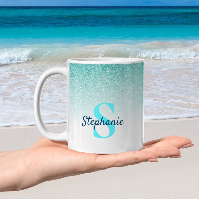 Mug Monogramme Aqua Parties scintillant Bleue Ombre Gl (Créateur téléchargé)