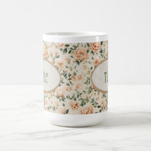 Mug Monogramme aquarelle de pivoine pêche et paillette
