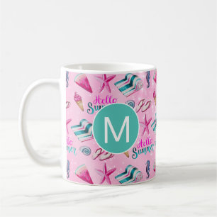 Mug Monogramme aquarelle de plage estivale rose fémini