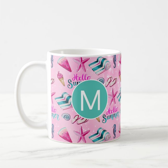 Mug Monogramme aquarelle de plage estivale rose fémini (Gauche)
