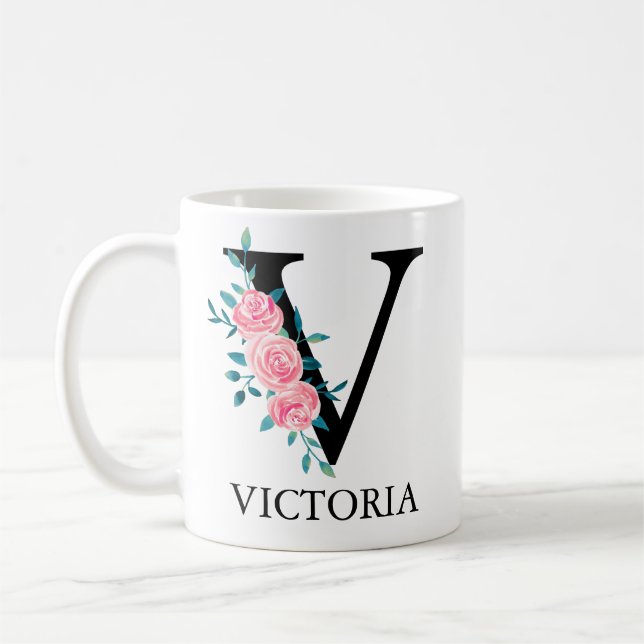 Mug Monogramme Aquarelle Lettre Unique Personnalisée V (Gauche)