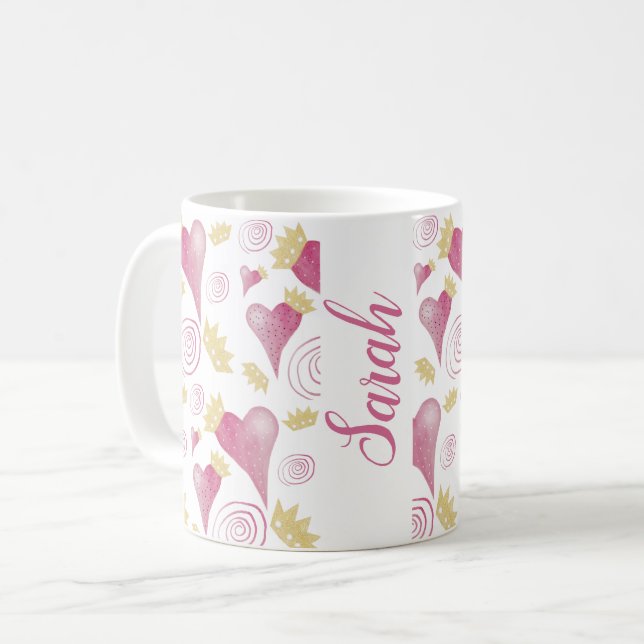 Mug Monogramme aquarelle rose Couronne cœur (Devant gauche)