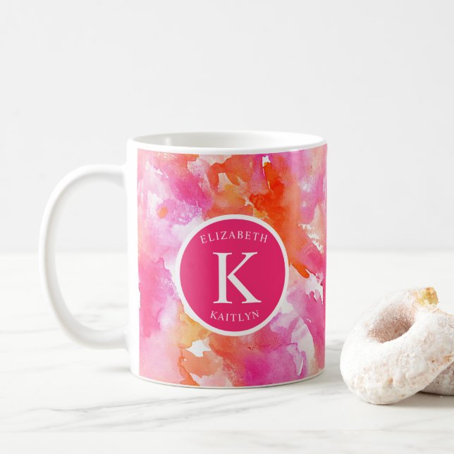 Mug Monogramme Aquarelle rose orange Abstrait (Avec donut)