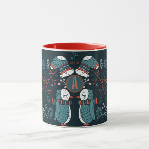 Mug Monogramme Art folklorique Noël Chouettes bleues A